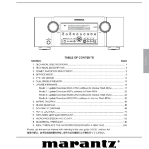 Marantz sr6003 service manual cover with a photograph of this device, model type and code, manual contents and modification notice.