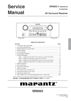 Marantz sr6003 service manual cover with a photograph of this device, model type and code, manual contents and modification notice.