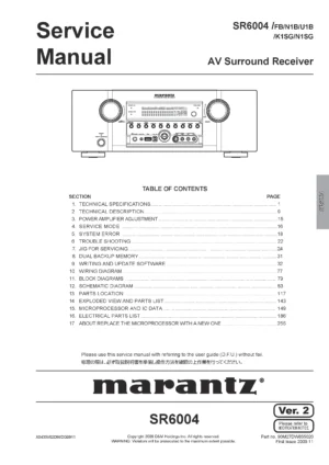 Marantz sr6004 service manual cover with a photograph of this device, model type and code, manual contents and modification notice.
