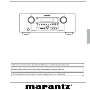 Marantz sr6005 service manual cover with a photograph of this device, model type and code, manual contents and modification notice.