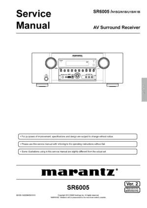 Marantz sr6005 service manual cover with a photograph of this device, model type and code, manual contents and modification notice.