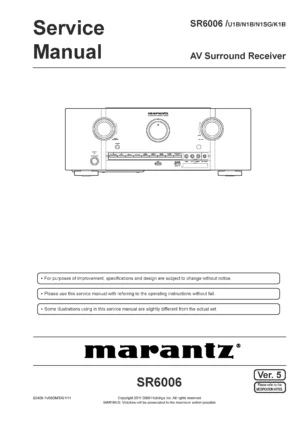 Marantz sr6006 service manual cover with a photograph of this device, model type and code, manual contents and modification notice.