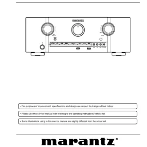 Marantz sr6008 service manual cover with a photograph of this device, model type and code, manual contents and modification notice.