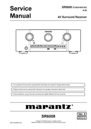 Marantz sr6008 service manual cover with a photograph of this device, model type and code, manual contents and modification notice.