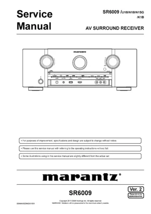 Marantz sr6009 service manual cover with a photograph of this device, model type and code, manual contents and modification notice.