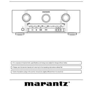 Marantz sr6010 7 2 service manual cover with a photograph of this device, model type and code, manual contents and modification notice.