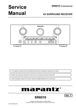 Marantz sr6010 7 2 service manual cover with a photograph of this device, model type and code, manual contents and modification notice.