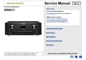 Marantz sr6011 service manual cover with a photograph of this device, model type and code, manual contents and modification notice.