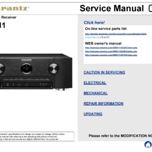 Marantz sr6011 service manual cover with a photograph of this device, model type and code, manual contents and modification notice.