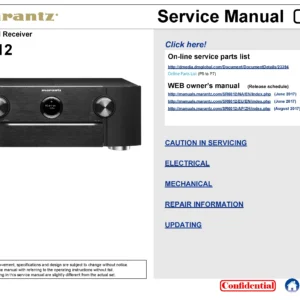 Marantz sr6012 service manual cover with a photograph of this device, model type and code, manual contents and modification notice.