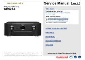 Marantz sr6013 service manual cover with a photograph of this device, model type and code, manual contents and modification notice.