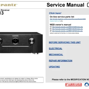 Marantz sr6013 service manual cover with a photograph of this device, model type and code, manual contents and modification notice.