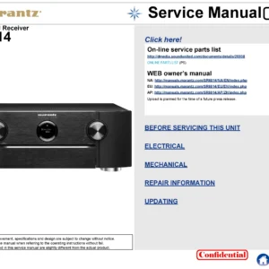 Marantz sr6014 4k service manual cover with a photograph of this device, model type and code, manual contents and modification notice.
