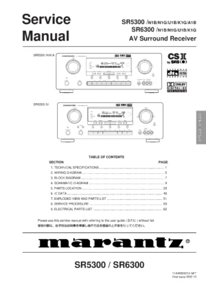 Marantz sr6300 service manual cover with a photograph of this device, model type and code, manual contents and modification notice.