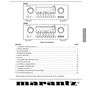 Marantz sr7000 sr8000 service manual cover with a photograph of this device, model type and code, manual contents and modification notice.