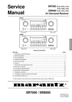 Marantz sr7000 sr8000 service manual cover with a photograph of this device, model type and code, manual contents and modification notice.