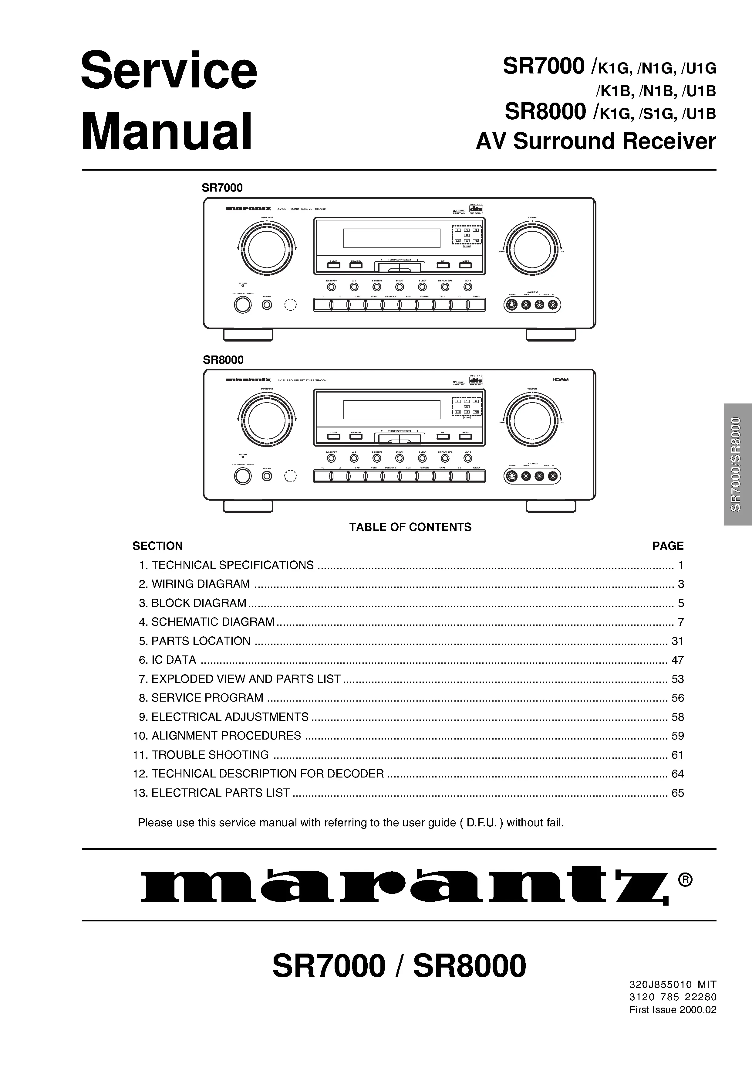 Marantz sr7000 sr8000 service manual cover with a photograph of this device, model type and code, manual contents and modification notice.