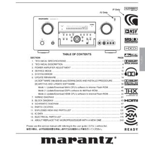 Marantz sr7001 service manual cover with a photograph of this device, model type and code, manual contents and modification notice.