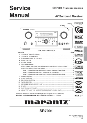 Marantz sr7001 service manual cover with a photograph of this device, model type and code, manual contents and modification notice.