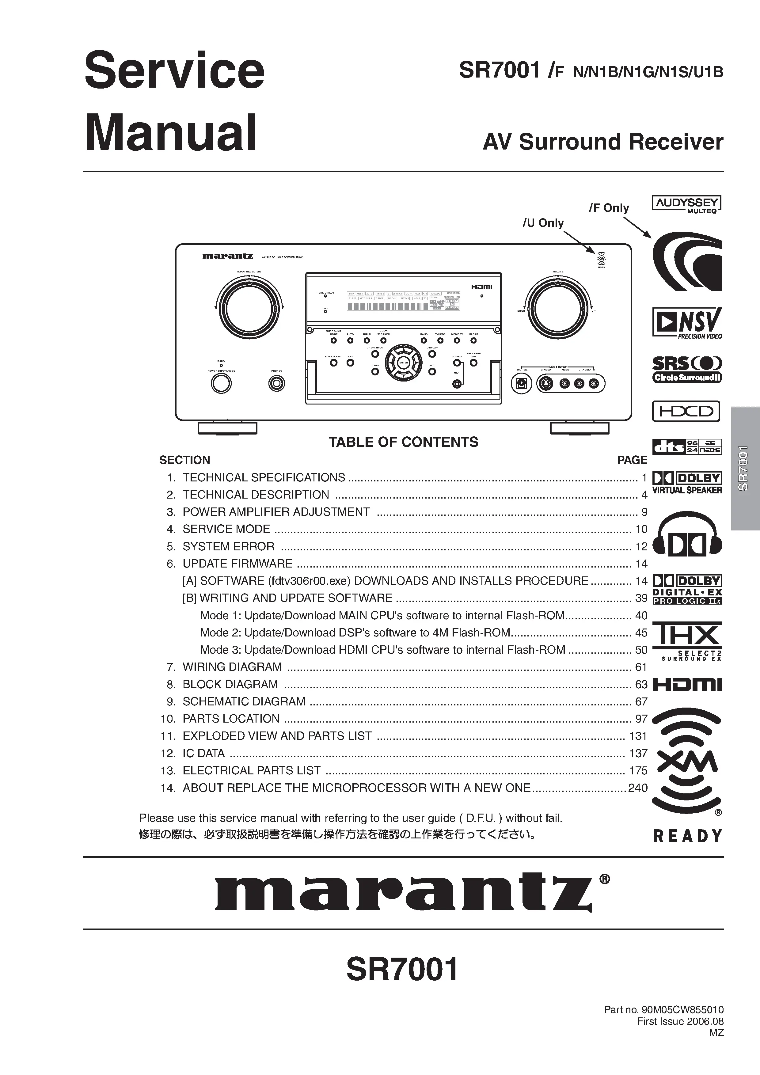 Marantz sr7001 service manual cover with a photograph of this device, model type and code, manual contents and modification notice.