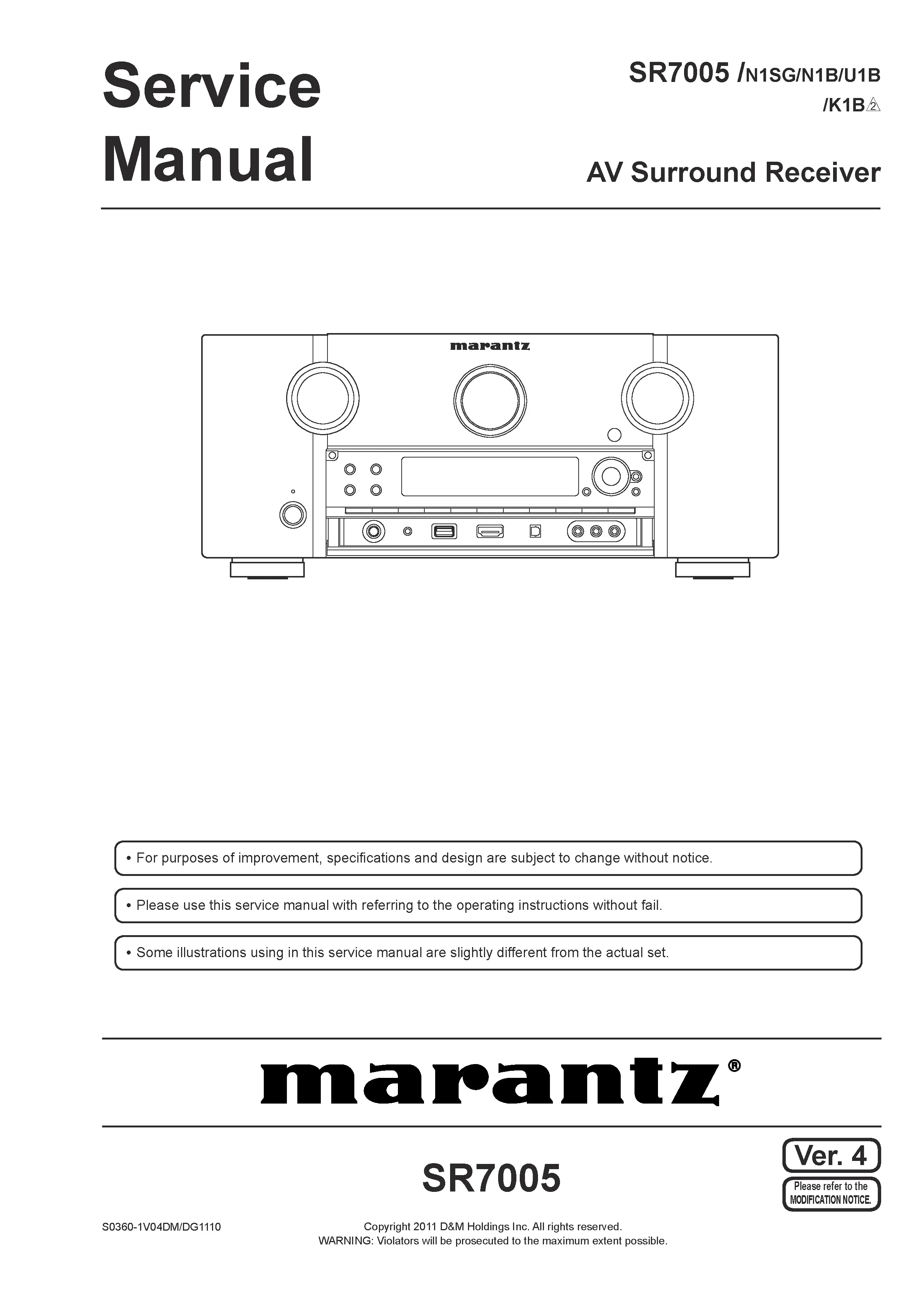 Marantz sr7005 service manual cover with a photograph of this device, model type and code, manual contents and modification notice.