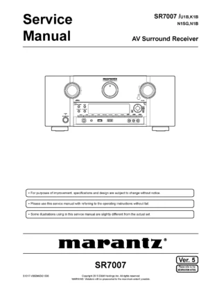 Marantz sr7007 service manual cover with a photograph of this device, model type and code, manual contents and modification notice.