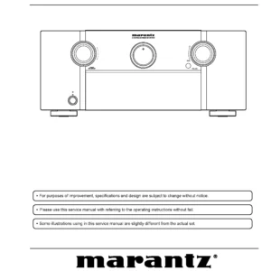 Marantz sr7008 service manual cover with a photograph of this device, model type and code, manual contents and modification notice.