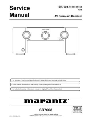 Marantz sr7008 service manual cover with a photograph of this device, model type and code, manual contents and modification notice.