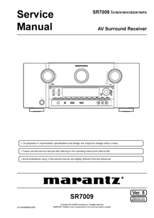 Marantz sr7009 service manual cover with a photograph of this device, model type and code, manual contents and modification notice.