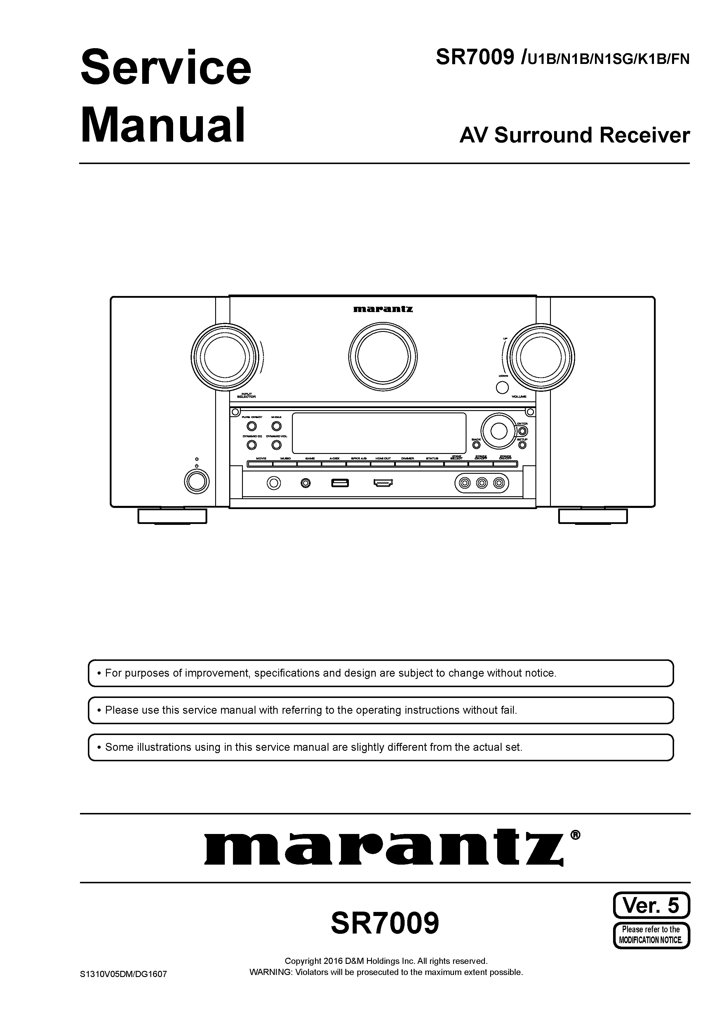 Marantz sr7009 service manual cover with a photograph of this device, model type and code, manual contents and modification notice.