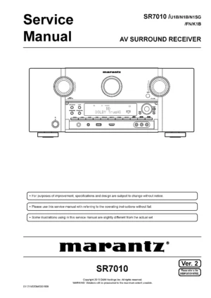 Marantz sr7010 service manual cover with a photograph of this device, model type and code, manual contents and modification notice.