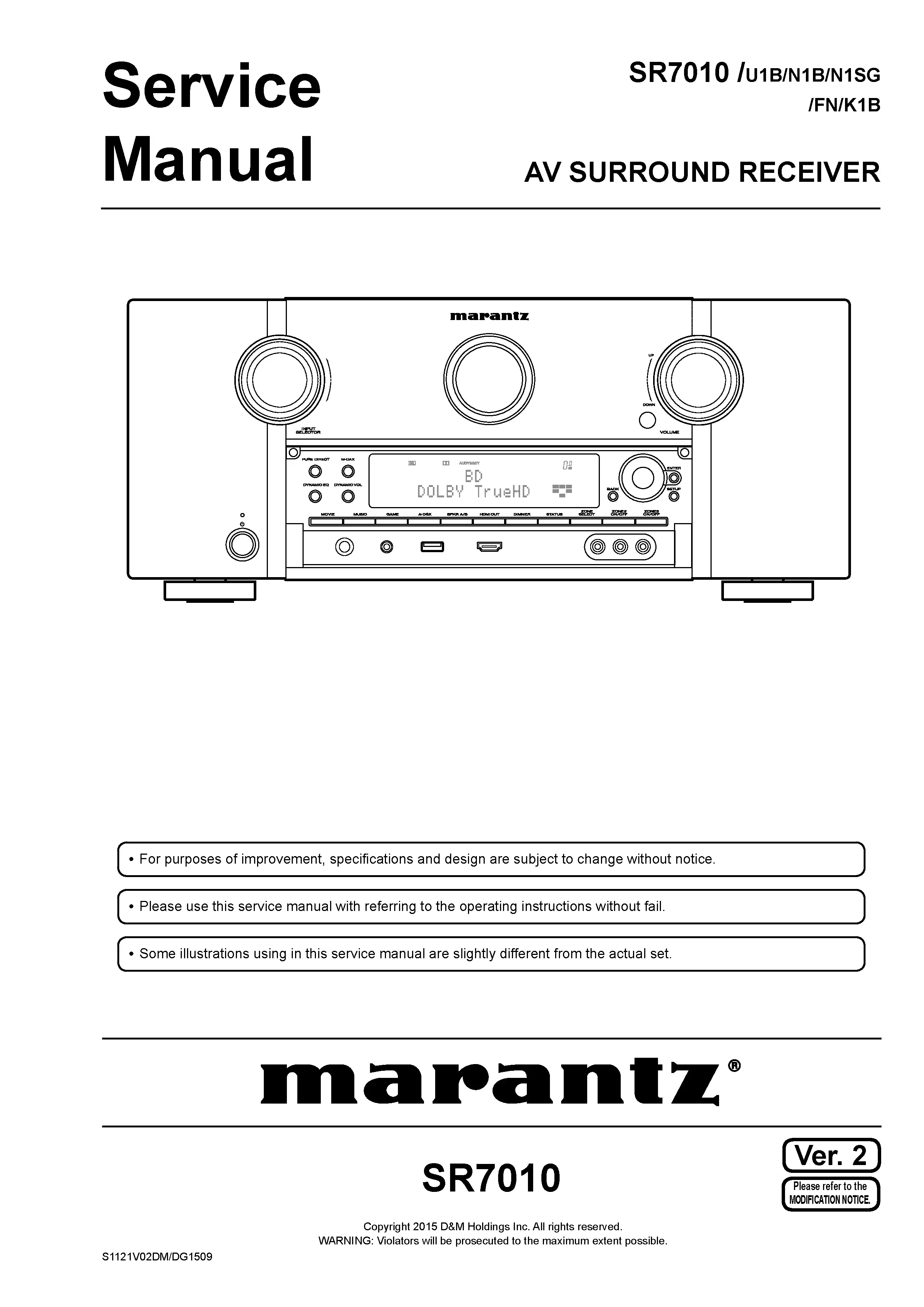Marantz sr7010 service manual cover with a photograph of this device, model type and code, manual contents and modification notice.