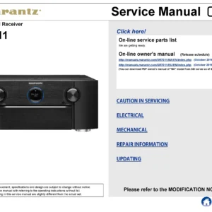 Marantz sr7011 service manual cover with a photograph of this device, model type and code, manual contents and modification notice.