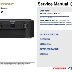 Marantz sr7012 service manual cover with a photograph of this device, model type and code, manual contents and modification notice.