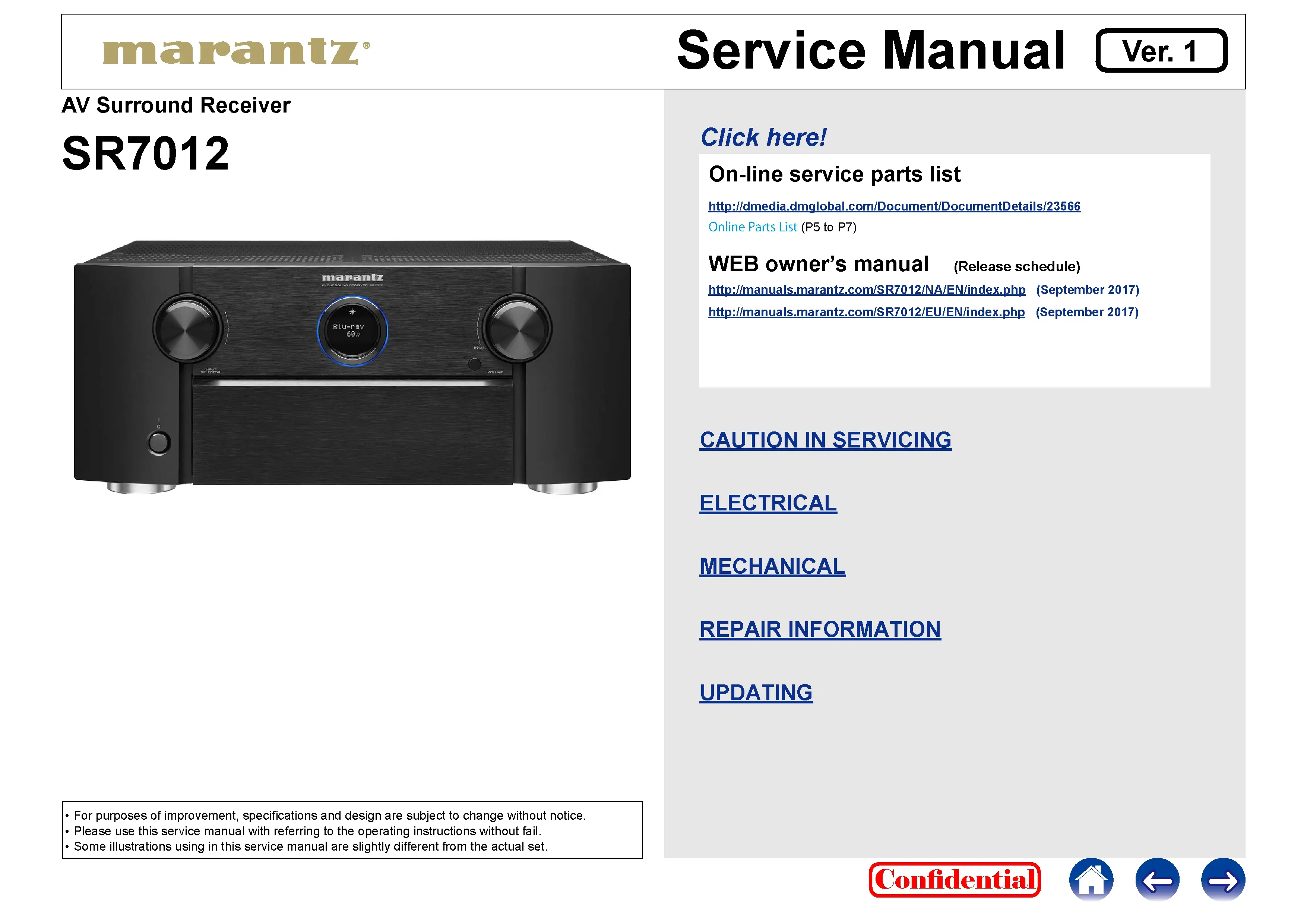 Marantz sr7012 service manual cover with a photograph of this device, model type and code, manual contents and modification notice.