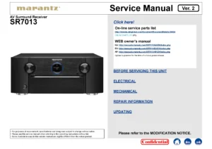 Marantz sr7013 service manual cover with a photograph of this device, model type and code, manual contents and modification notice.