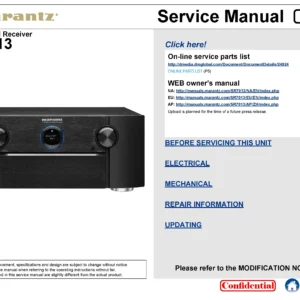 Marantz sr7013 service manual cover with a photograph of this device, model type and code, manual contents and modification notice.