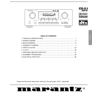 Marantz sr7200 service manual cover with a photograph of this device, model type and code, manual contents and modification notice.
