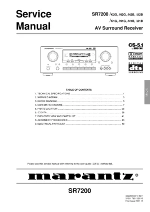 Marantz sr7200 service manual cover with a photograph of this device, model type and code, manual contents and modification notice.