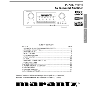 Marantz sr7300 service manual cover with a photograph of this device, model type and code, manual contents and modification notice.