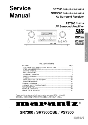 Marantz sr7300 service manual cover with a photograph of this device, model type and code, manual contents and modification notice.