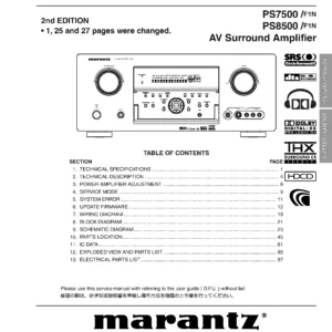 Marantz sr7500 sr8500 ps7500 ps8500 service manual cover with a photograph of this device, model type and code, manual contents and modification notice.