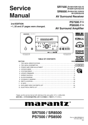 Marantz sr7500 sr8500 ps7500 ps8500 service manual cover with a photograph of this device, model type and code, manual contents and modification notice.