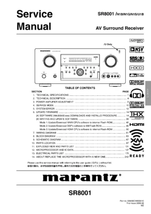 Marantz sr8001 service manual cover with a photograph of this device, model type and code, manual contents and modification notice.