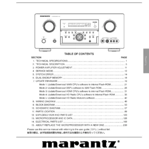 Marantz sr8002 service manual cover with a photograph of this device, model type and code, manual contents and modification notice.