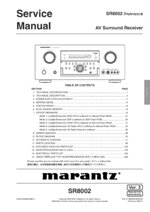 Marantz sr8002 service manual cover with a photograph of this device, model type and code, manual contents and modification notice.