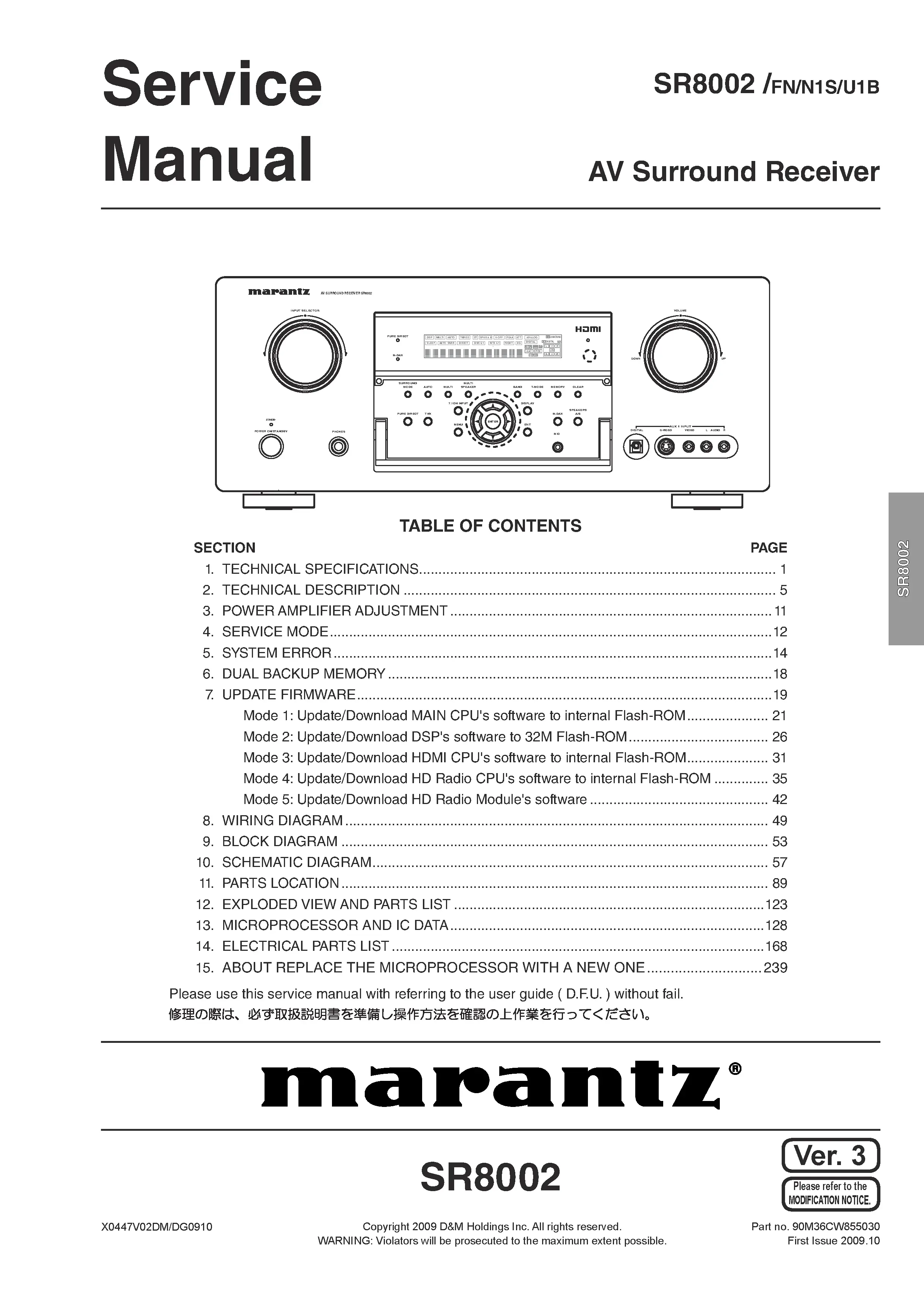 Marantz sr8002 service manual cover with a photograph of this device, model type and code, manual contents and modification notice.