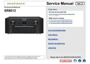 Marantz sr8012 service manual cover with a photograph of this device, model type and code, manual contents and modification notice.