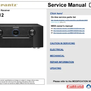 Marantz sr8012 service manual cover with a photograph of this device, model type and code, manual contents and modification notice.