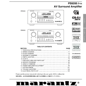 Marantz sr8200 sr9200 ps9200 service manual cover with a photograph of this device, model type and code, manual contents and modification notice.